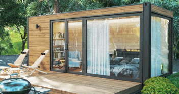 Moderne Gartenhütte mit dem LogFoot Fundament für Gartenhäuser – die Schönheits-OP für Ihren Garten